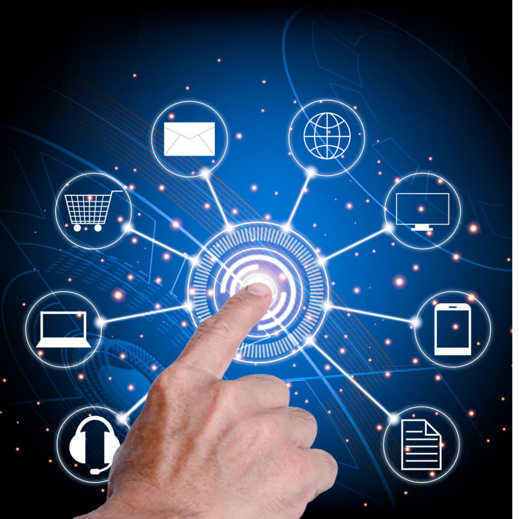 Image of a finger clicking on tabs representing different forms of digital marketing, including SEO, content marketing, social media marketing, email marketing, and pay-per-click advertising.