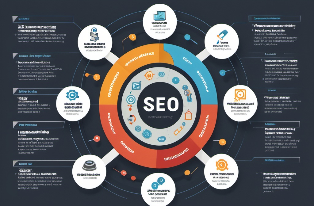 Diagram showing On-page SEO (highlighted keywords), Off-page SEO (backlinks), and Technical SEO (website code with a crawling spider bot).