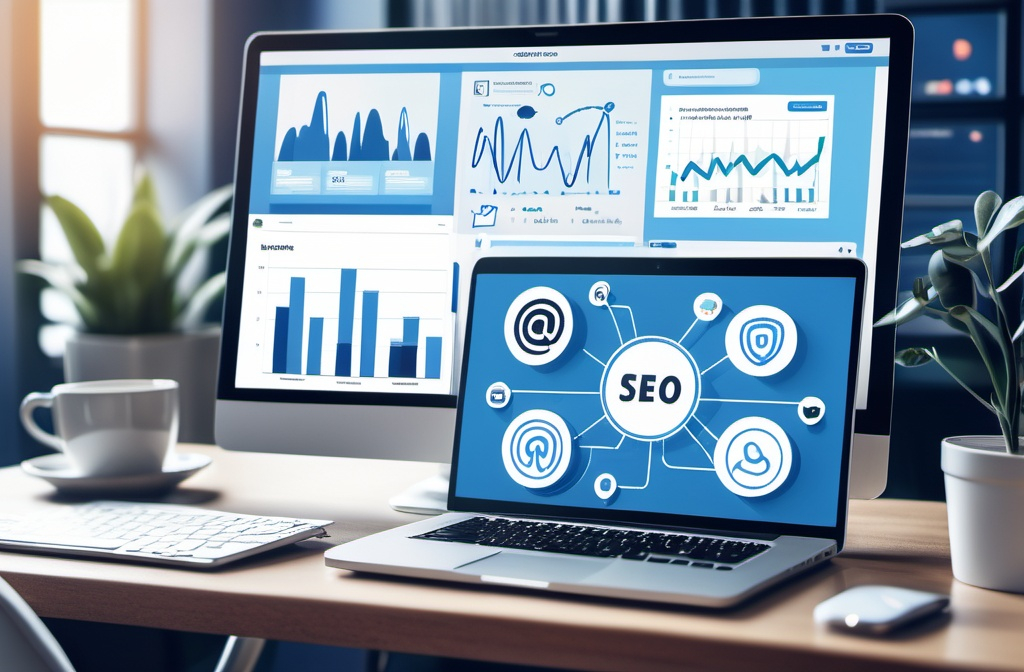 A digital marketing office setup featuring a laptop displaying SEO graphs with floating social media, email, and SEO icons, representing different elements of online marketing.